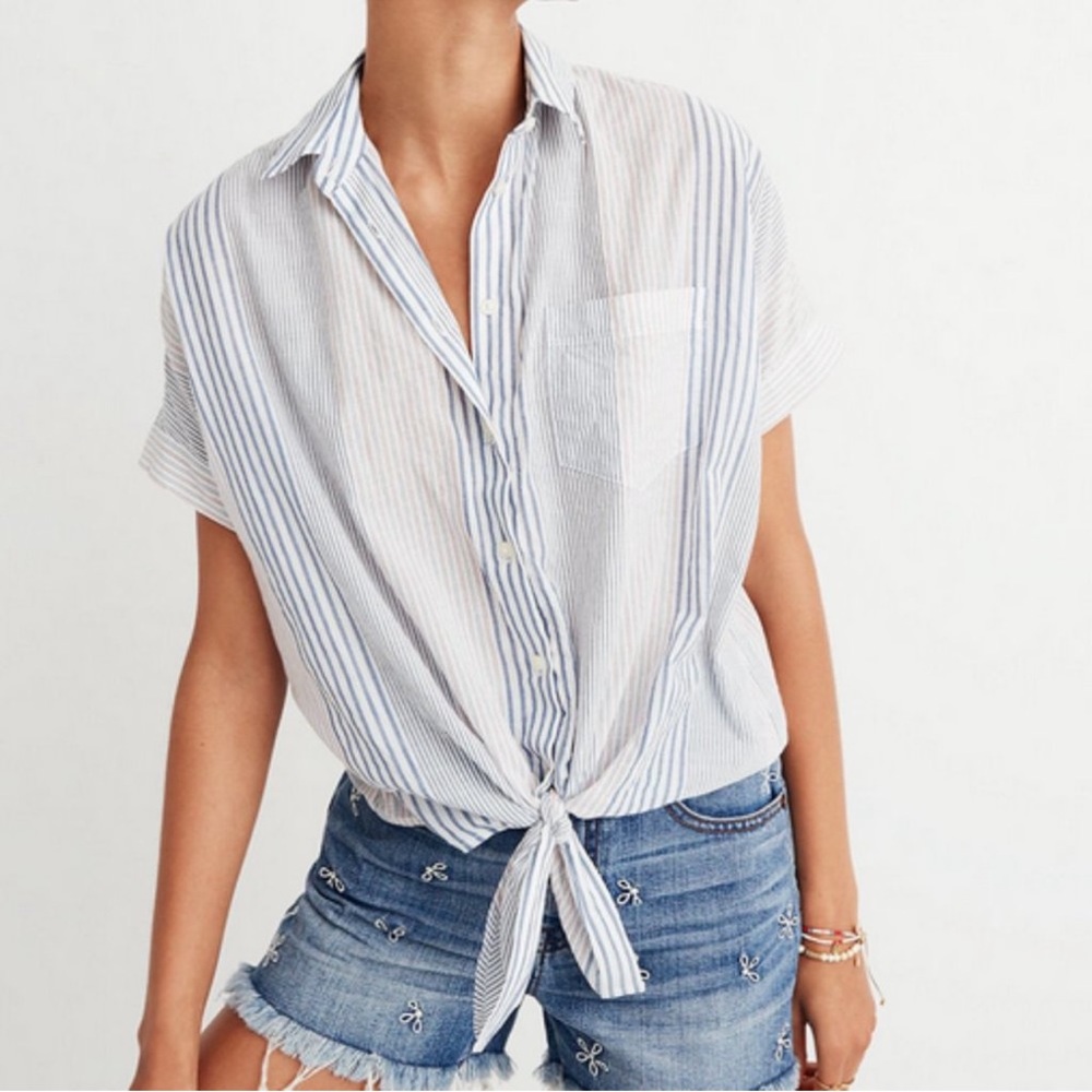 Madewell Blue and White Striped Tie-Front Short Sleeve Shirt
